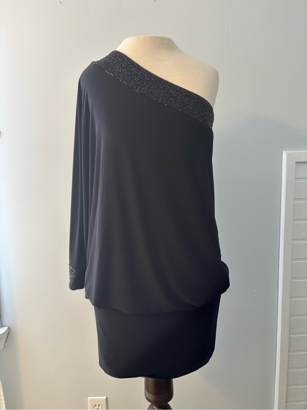 B Darlin Black One-Shoulder Cocktail Dress with Bead Accent